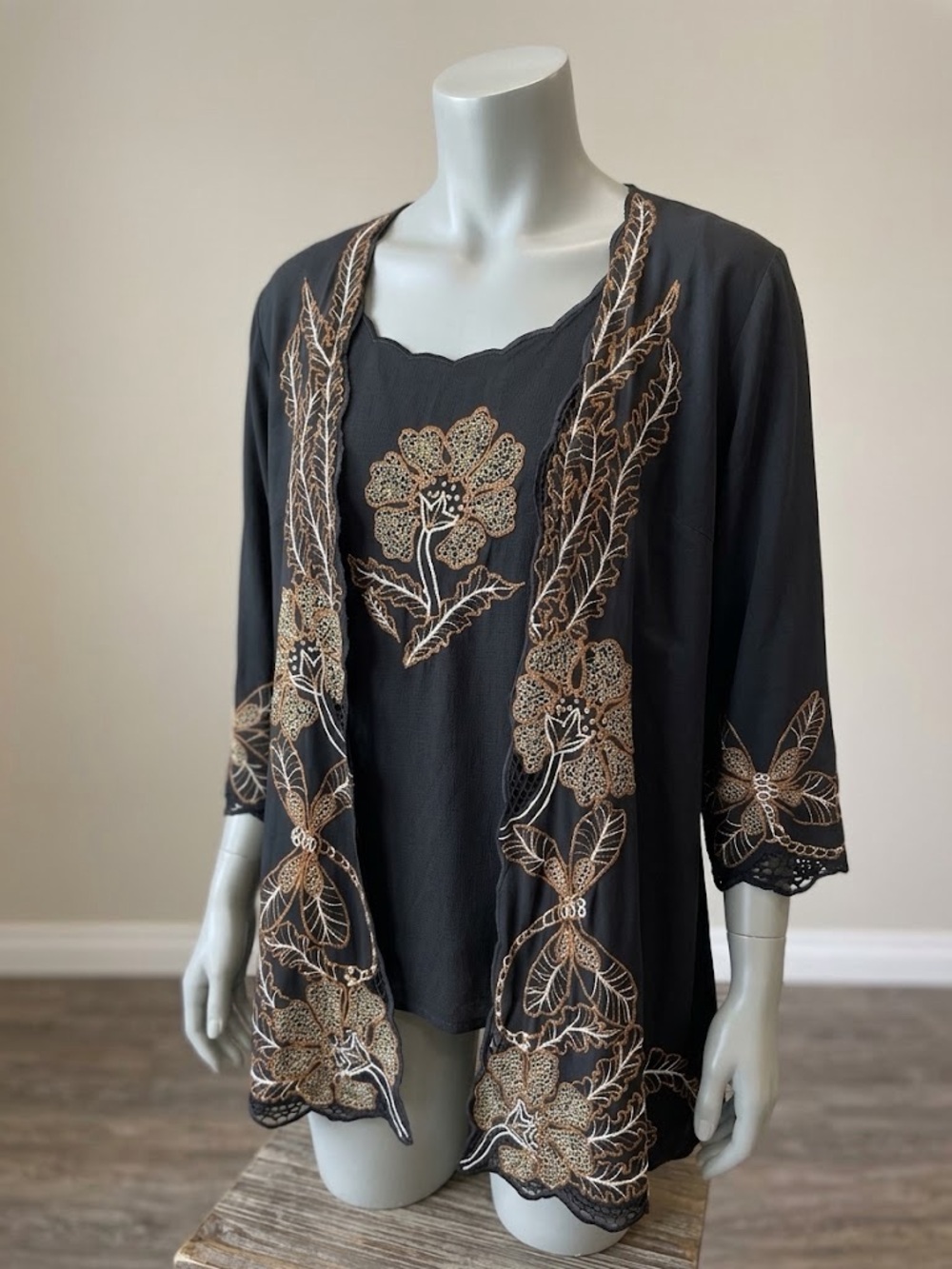 Midnight Velvet 2pc Embroidered Kimono & Tank Set XL